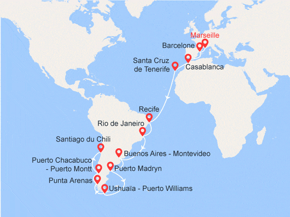 itinéraire croisière Tour du Monde : Grand Voyage : De Marseille à San Antonio