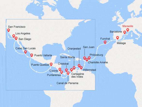 itinéraire croisière Tour du Monde : Grand Voyage : de Marseille à San Francisco