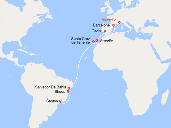itinéraire croisière Amérique du Sud : Grand Voyage : De Marseille à Santos