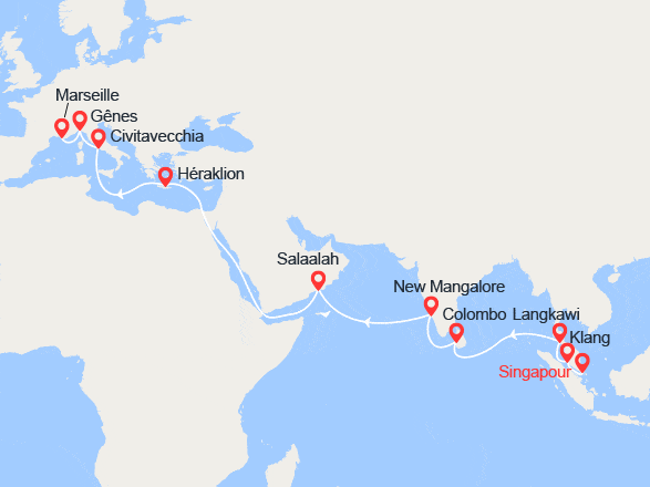 itinéraire croisière Asie : Grand Voyage : De Singapour à Marseille