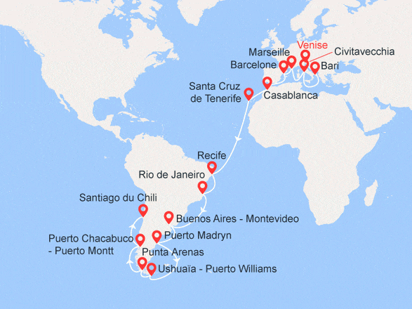 itinéraire croisière Tour du Monde : Grand Voyage : De Venise à San Antonio
