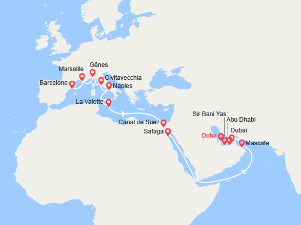 itinéraire croisière Moyen Orient : Grand Voyage : Émirats arabes unis, Égypte, Malte, Italie, Provence, Espagne