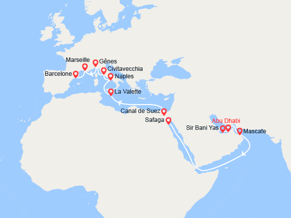 itinéraire croisière Moyen Orient : Grand Voyage : Émirats arabes unis, Malte, Italie, Provence