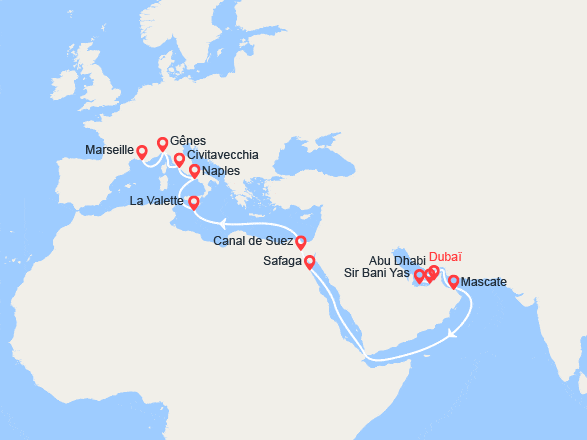 itinéraire croisière Moyen Orient : Grand Voyage : Émirats arabes unis, Oman, Égypte, Malte, Italie, Provence