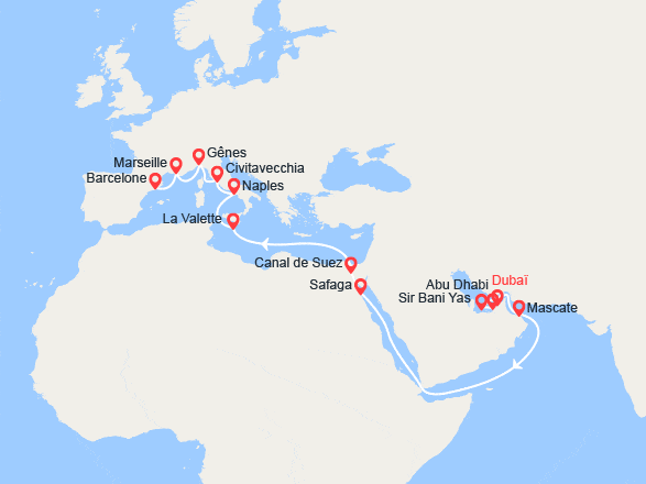 itinéraire croisière Moyen Orient : Grand Voyage : Émirats arabes unis, Oman, Égypte, Malte, Italie, Provence, Espagne