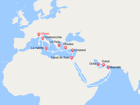 itinéraire croisière Moyen Orient : Grand Voyage : Espagne, Italie, Malte, îles Grecques, Chypre, Émirats arabes unis 