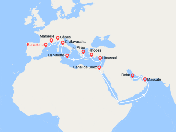 itinéraire croisière Moyen Orient : Grand Voyage : Espagne, Italie, Malte, îles Grecques, Chypre, Oman 