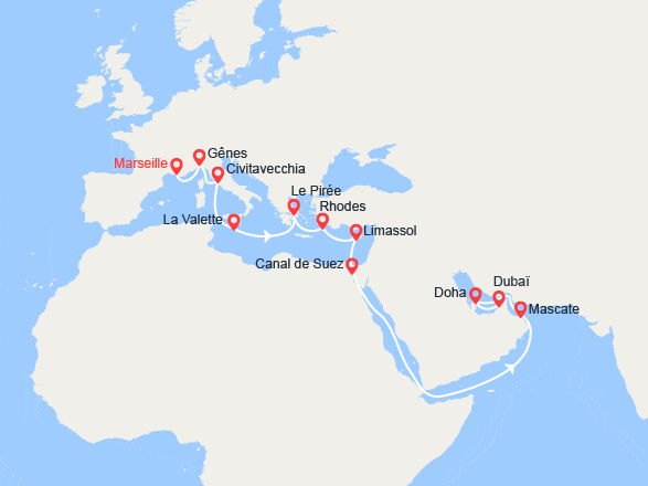 itin&eacute;raire croisi&egrave;re Moyen Orient : Grand Voyage : Italie, Malte, îles Grecques, Chypre, Oman, Qatar, Émirats arabes unis 