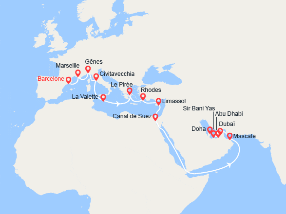 itinéraire croisière Moyen Orient : Grand Voyage : Provence, Italie, Malte, îles Grecques, Chypre, Oman, Qatar, Émirats arabes unis  