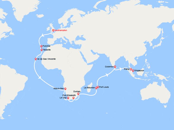 itinéraire croisière Transatlantique : Grand Voyage : Southampton vers Singapour 
