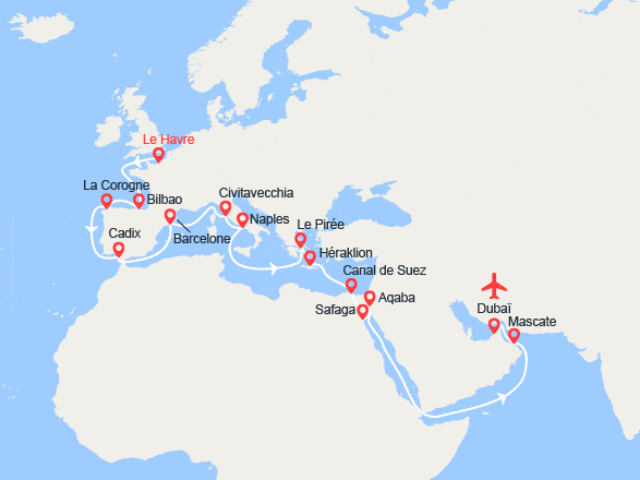 itinéraire croisière Transatlantique : Grand Voyage: Le Havre - Dubaï I Vol retour inclus