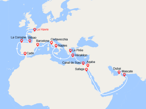 itinéraire croisière Transatlantique : Grand voyage du Havre à Dubaï