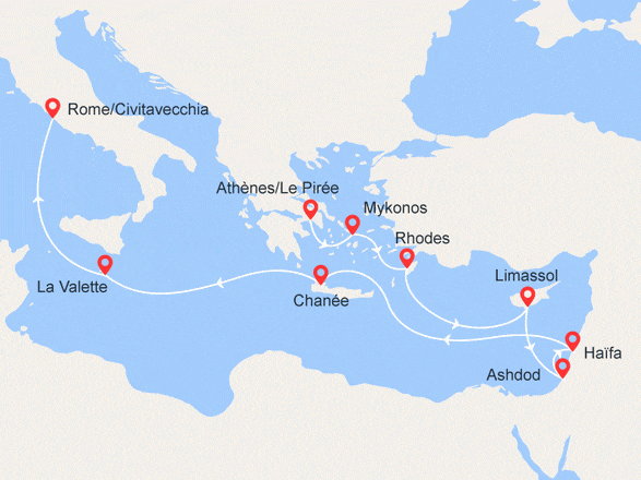 itinéraire croisière Iles grecques : Grèce, Chypre, Israël, Malte, Italie