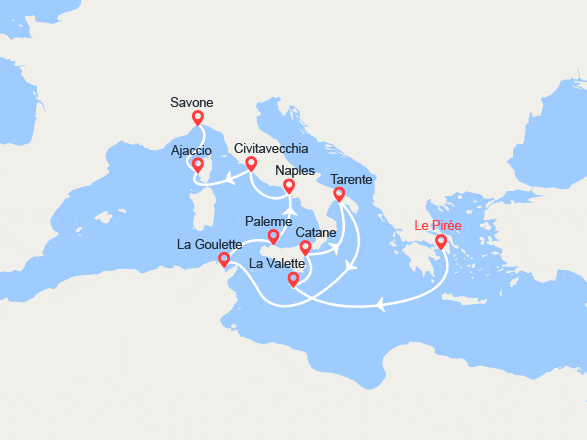 itin&eacute;raire croisi&egrave;re Méditerranée Orientale : Grèce, Malte, Italie, Tunisie, Corse 
