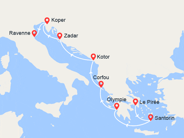 itin&eacute;raire croisi&egrave;re Iles grecques : Grèce, Monténégro, Croatie, Slovénie, Italie 