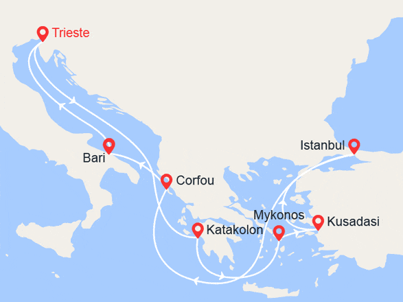itinéraire croisière Iles grecques : Grèce, Mykonos, Turquie, Corfou, Italie