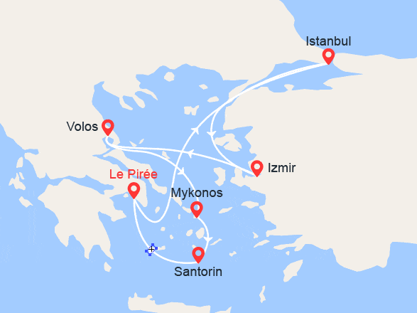 itin&eacute;raire croisi&egrave;re Méditerranée Orientale : Grèce, Turquie : Istanbul, Izmir, Volos, Mykonos, Santorin 