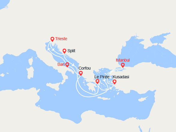 itinéraire croisière Méditerranée Orientale : Grèce, Turquie, Italie, Croatie 