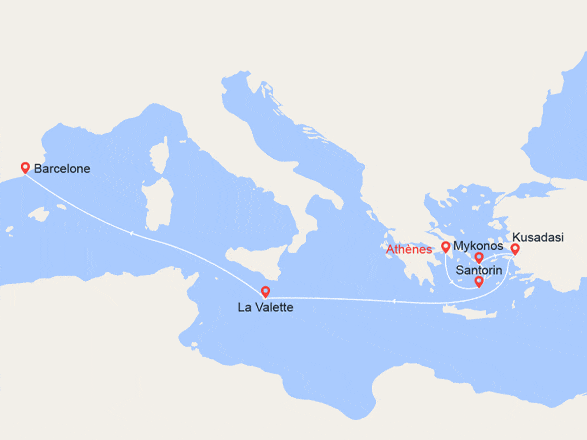 itin&eacute;raire croisi&egrave;re Méditerranée Orientale : Grèce, Turquie, Malte, Espagne 