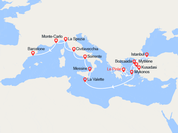 itin&eacute;raire croisi&egrave;re Méditerranée Orientale : Grèce, Turquie, Malte, Italie, Monaco, Espagne 