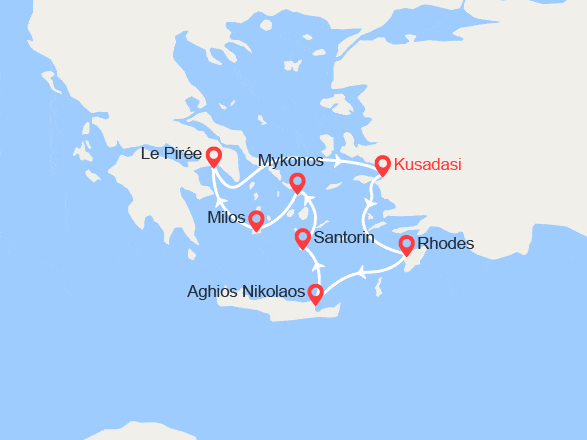 itin&eacute;raire croisi&egrave;re Méditerranée Orientale : Grèce Idyllique : Kusadasi, Rhodes, Crète, Mykonos... 