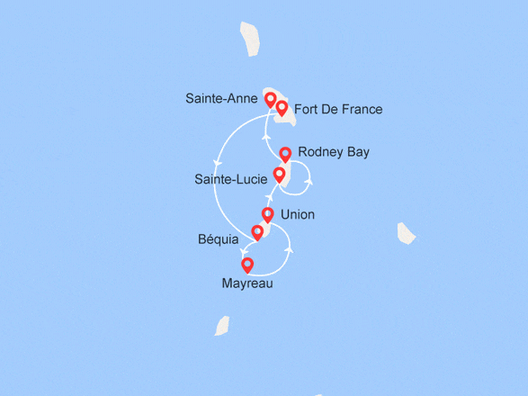 itinéraire croisière Caraïbes et Antilles : Grenadines et séjours à Union et Ste Lucie