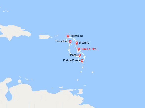 itinéraire croisière Caraïbes et Antilles : Guadeloupe, Antigua & Barbuda, Antilles, Saint Kitts et Nevis, Dominique, Martinique 