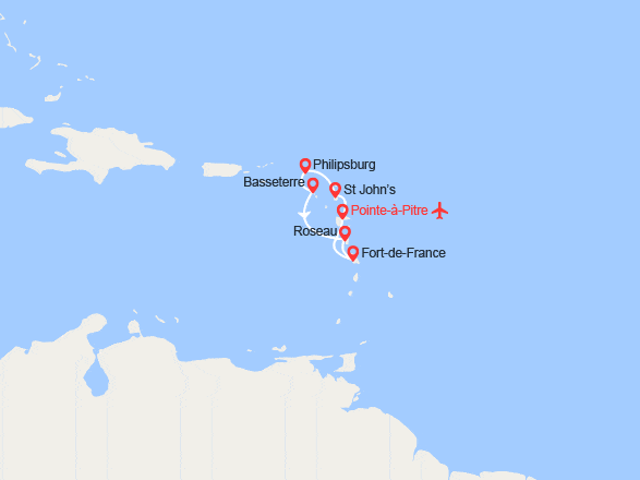 itin&eacute;raire croisi&egrave;re Caraïbes et Antilles : Guadeloupe, Antigua, St Martin, St Kitts; Dominique - Vols inclus 