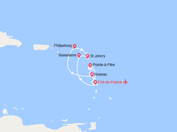 itinéraire croisière Caraïbes et Antilles : Guadeloupe, Dominique, St Maarten, Antigua, St Kitts - Vols inclus