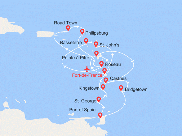 itinéraire croisière Caraïbes et Antilles : Guadeloupe, Iles Vierges, St. Martin, Dominique, Ste Lucie, Barbade, Trinité... Départ Martinique