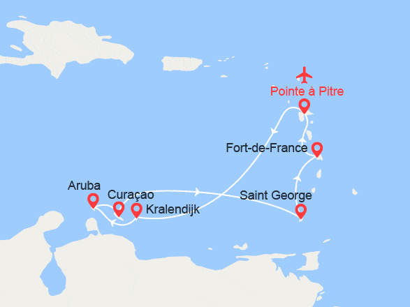itinéraire croisière Caraïbes et Antilles : Guadeloupe, Martinique, Grenada, Auraba, Curaçao