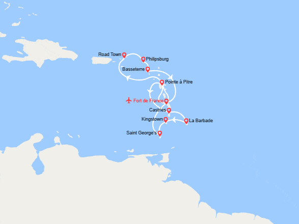 itinéraire croisière Caraïbes et Antilles : Guadeloupe, Sainte-Lucie, Barbade, les Grenadines et Grenade - Vols Inclus 