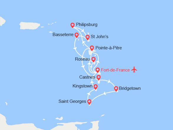 itinéraire croisière Caraïbes et Antilles : Guadeloupe, St Lucie, Barbade, Grenade, St Martin, Antigua, St Kitts...