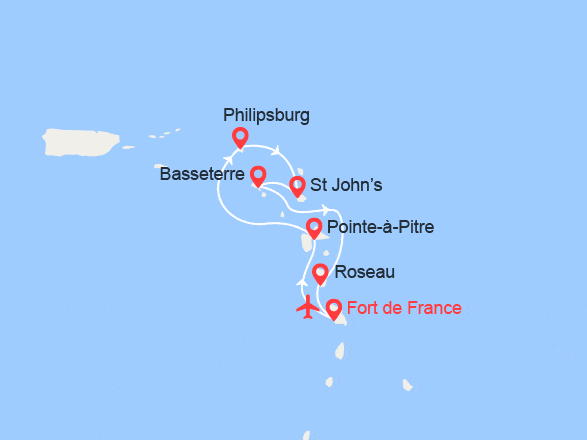 itinéraire croisière Caraïbes et Antilles : Guadeloupe, St Martin, Antigua, St Kitts, La Dominique || Vols inclus