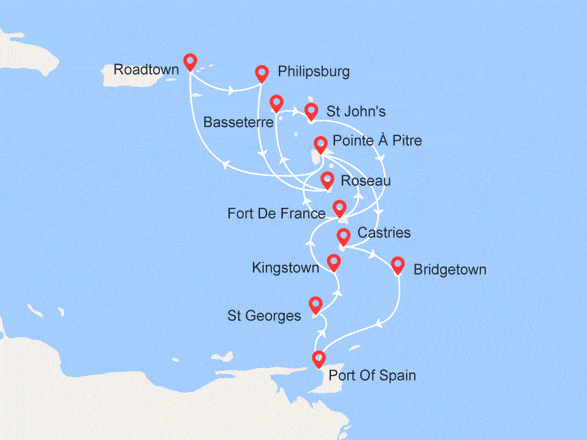 itinéraire croisière Caraïbes et Antilles : Guadeloupe, Ste Lucie, Barbade, Martinique, Iles Vierges, La Dominique...