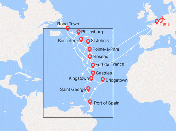 itinéraire croisière Caraïbes et Antilles : Guadeloupe, Ste Lucie, Barbade, Trinité, Ils Vierges, St Martin, Dominique... Départ Martinique