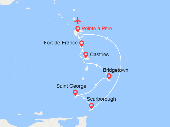 itinéraire croisière Caraïbes et Antilles : Guadeloupe, Tobago, Grenade, Barbade