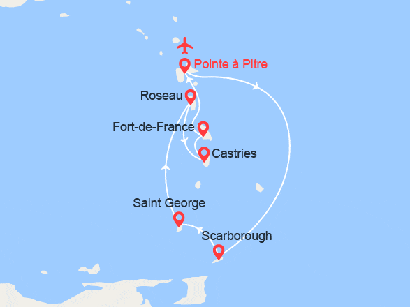 itinéraire croisière Caraïbes et Antilles : Guadeloupe, Tobago, Grenade, Roseau, St Lucie