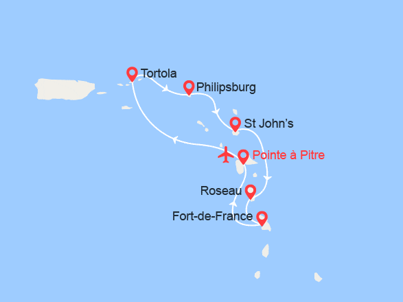 itinéraire croisière Caraïbes et Antilles : Guadeloupe, Tortola, Antigua, Roseau, Martinique