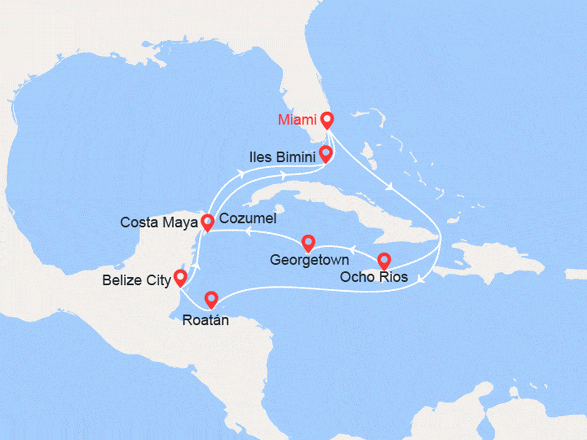 itinéraire croisière Caraïbes et Antilles : Honduras, Belize, Mexique, Bahamas, Jamaïque, Iles Cayman