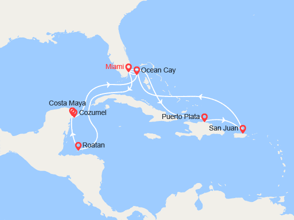 itinéraire croisière Caraïbes et Antilles : Honduras, Mexique, Bahamas, Rép. Dominicaine, Porto Rico