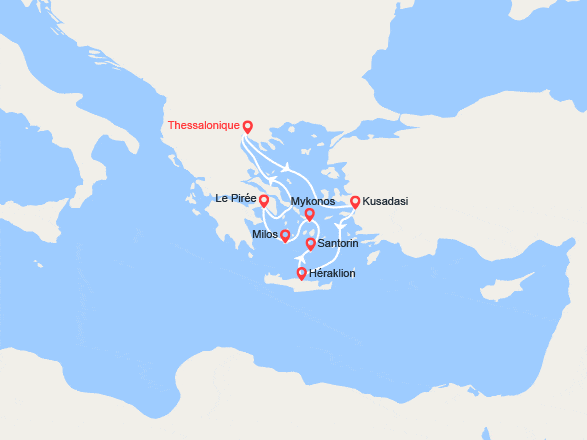 itinéraire croisière Méditerranée Orientale : Idyllique mer Egée : Kusadasi, Héraklion, Santorin, Mykonos, Milos