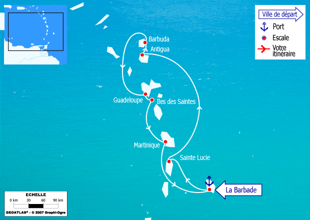 itinéraire croisière Caraïbes et Antilles : Iles au Vent : Ste Lucie, Dominique, Antigua, St Kitts, Martinique...