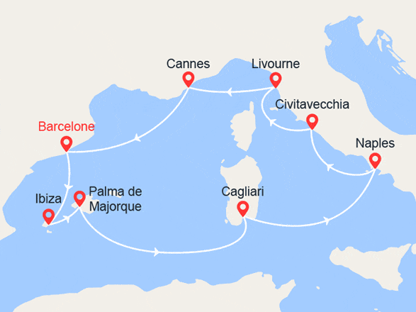 itinéraire croisière Iles Baléares : Iles Baléares, Sardaigne, Italie, Côte d'Azur