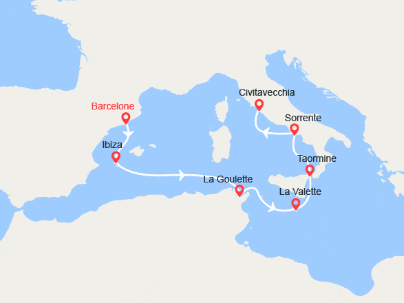 itinéraire croisière Méditerranée Orientale : Îles Baléares, Tunisie, Malte, Sicile, Italie