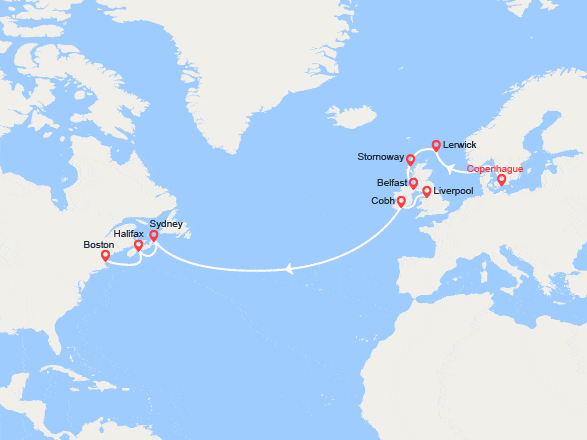 itinéraire croisière Transatlantique : Iles britanniques & Transatlantique : de Copenhague à Boston