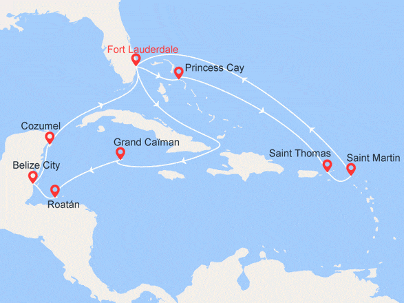 itinéraire croisière Caraïbes et Antilles : Iles Caïman, Honduras, Belize, Mexique, Bahamas, Iles Vierges...