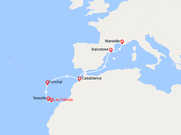itinéraire croisière Méditerranée Occidentale : Iles Canaries, Madère, Maroc, Espagne, France