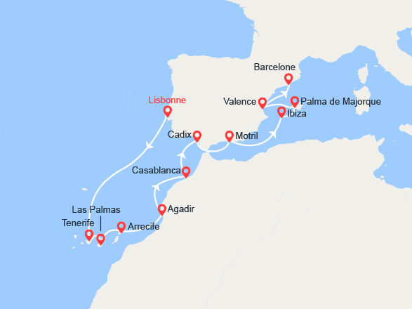 itinéraire croisière Canaries Madère : Iles Canaries, Maroc, Baléares, Espagne: de Lisbonne à Barcelone