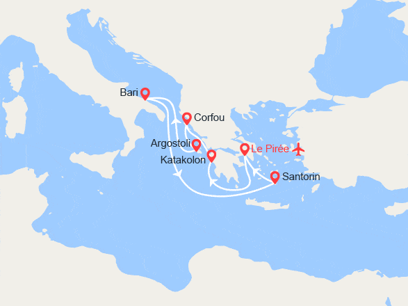 itinéraire croisière Méditerranée Orientale : Îles Grecques & Italie : Corfou, Céphalonie, Santorin - Vols inclus